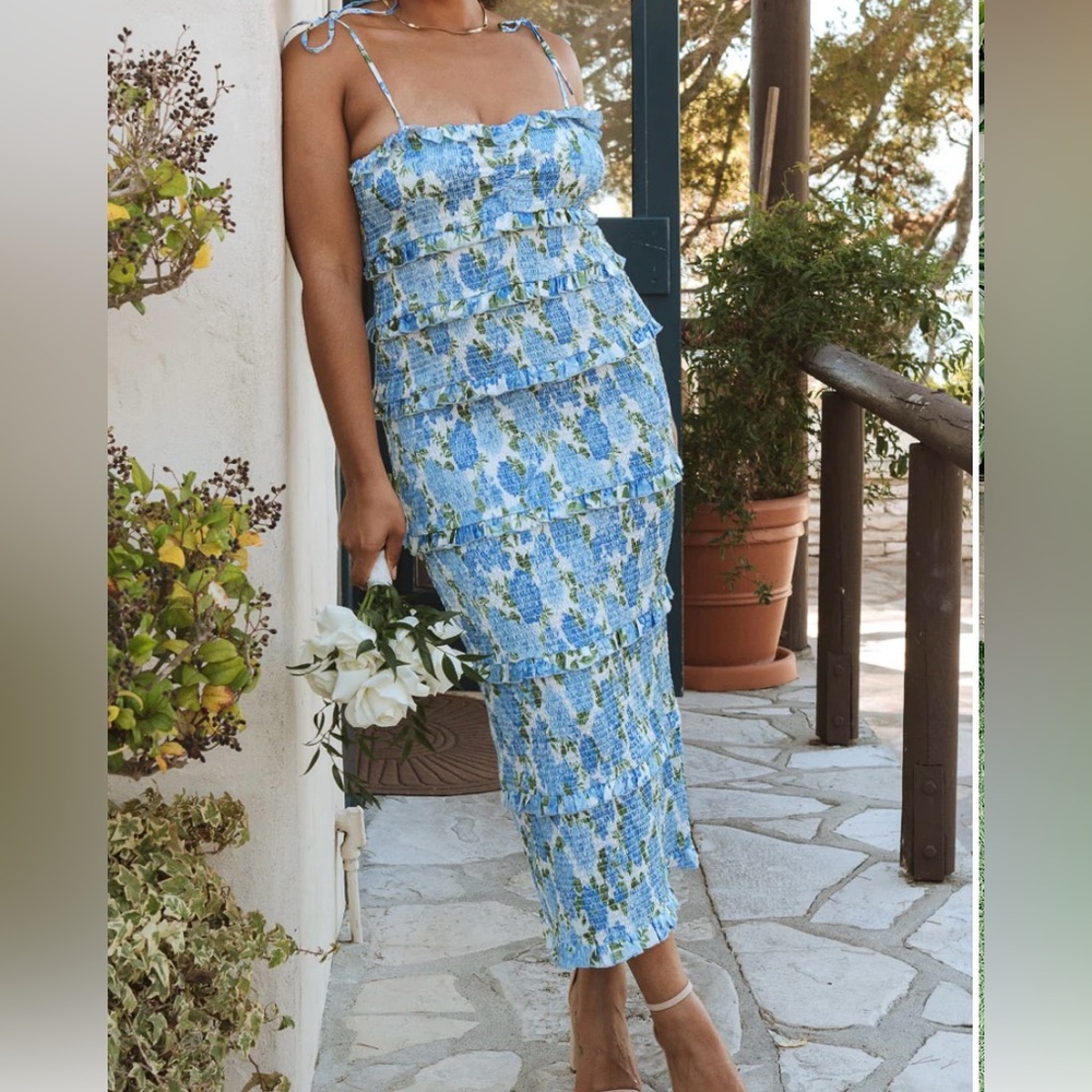 Show Me Your Mumu blue Stella Smocked midi dress XL EUC
